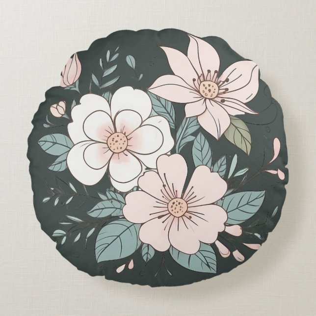 Blommigt Pastel Färg Round Pillow Grönt - bakgrund Rund Kudde (Framsidan)