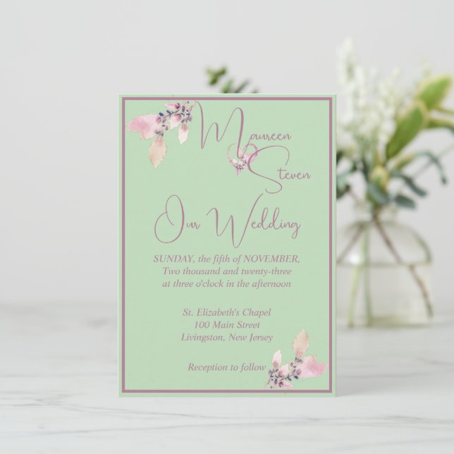 Blommigt Pastel Grönt & Mauve Bröllop Inbjudningar (Stående Fram)