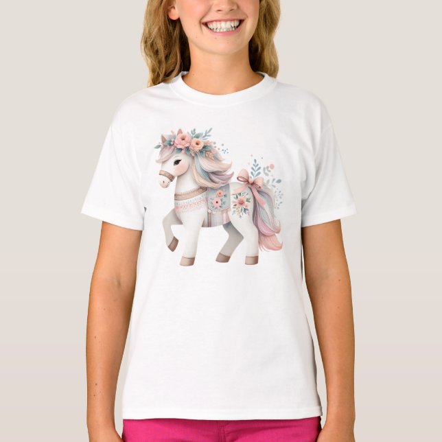 Blommigt Pastel Horse Fantasy Illustration T Shirt (Framsida)