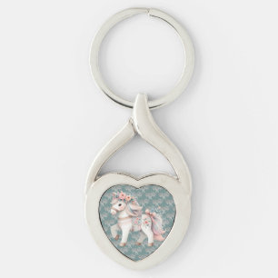 Blommigt Pastel Horse Fantasy Illustration Twisted Heart Silverfärgad Nyckelring