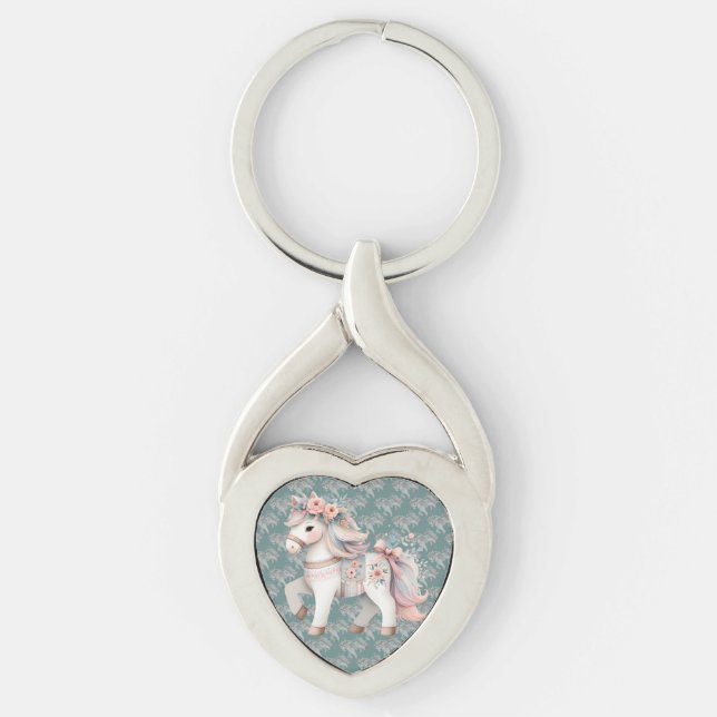 Blommigt Pastel Horse Fantasy Illustration Twisted Heart Silverfärgad Nyckelring (Framsidan)