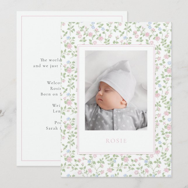 Blommigt Pastel Ro Baby Birth Photo Notice Meddelande (Fram/baksida)
