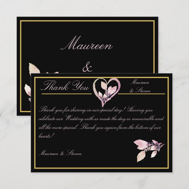 Blommigt Pastel Rosa & Guld på Elegant Black Bröll Tack Kort (Fram/baksida)