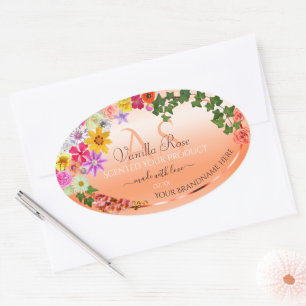 Blommigt Pastel Salmon Product Labels with Monogra Ovalt Klistermärke
