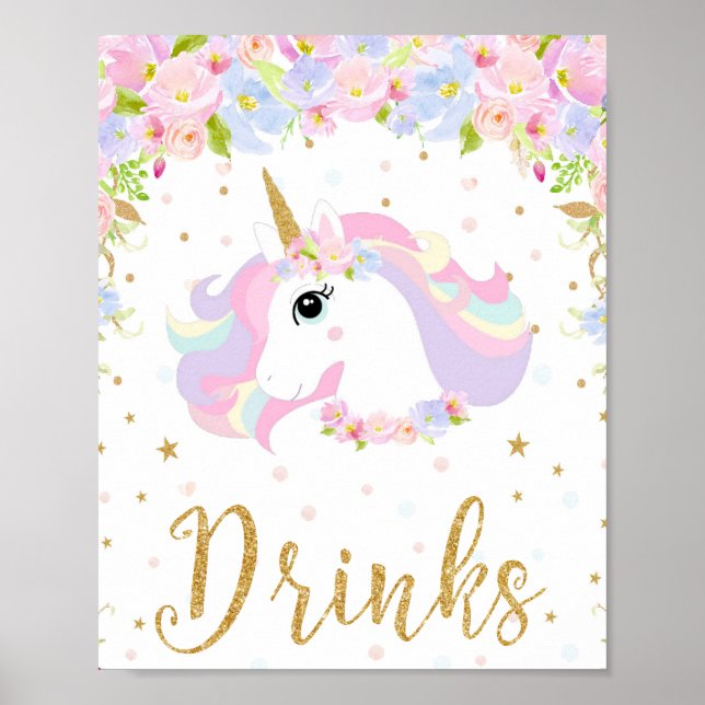 Blommigt Pastel Unicorn Drinks undertecknar Bord D Poster (Framsidan)