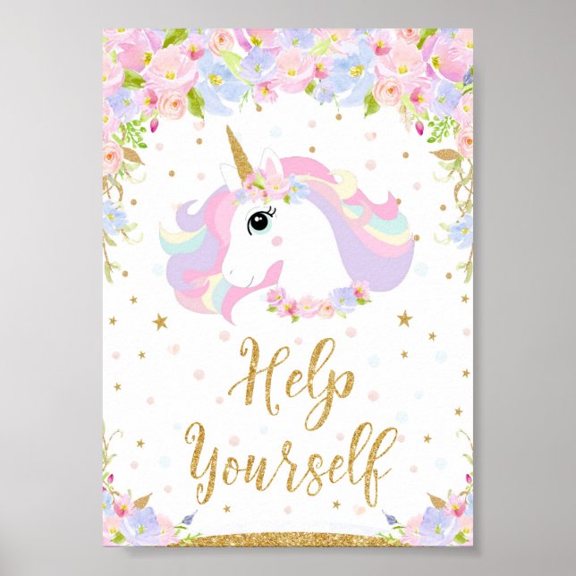 Blommigt Pastel Unicorn Hjälp dig att signera Deco Poster (Framsidan)