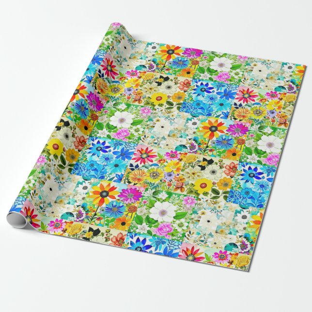 Blommigt Patchwork Art Watercolor Flowers Presentpapper (Utrullad)