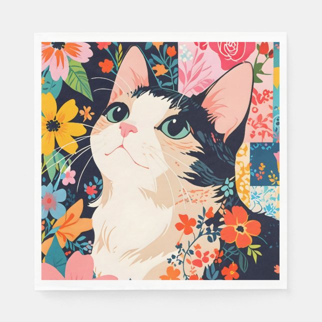 Blommigt Patchwork Cat Pappersservett (Framsidan)