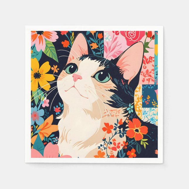 Blommigt Patchwork Cat Pappersservett (Framsidan)