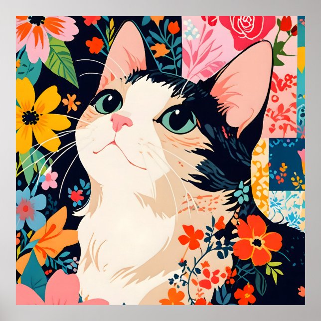 Blommigt Patchwork Cat Poster (Framsidan)