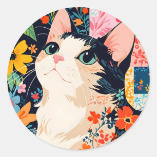 Blommigt Patchwork Cat Runt Klistermärke