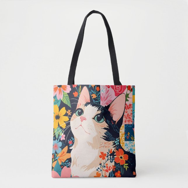 Blommigt Patchwork Cat Tygkasse (Framsida)