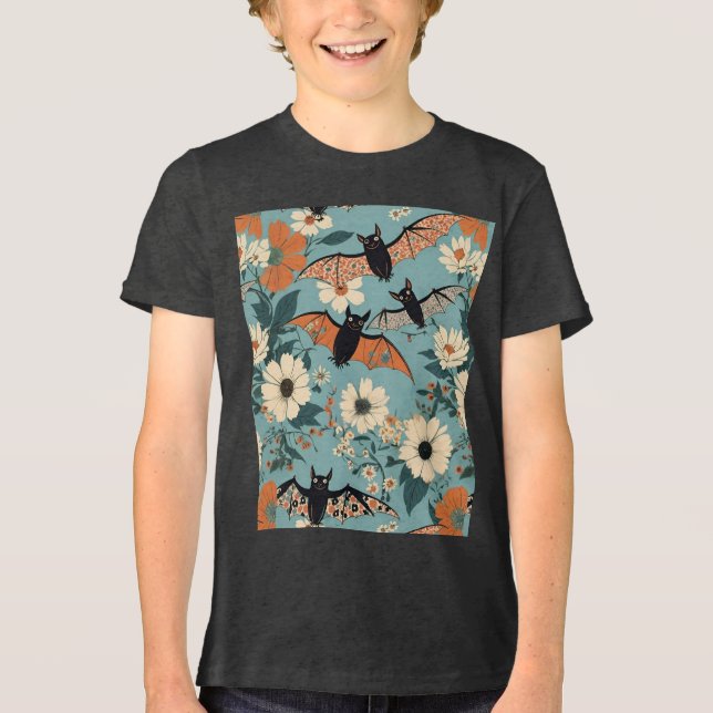 Blommigt Patchwork Halloween Fladdermus & Flowers T Shirt (Framsida)