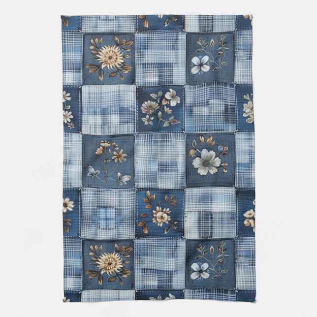 Blommigt Patchwork Mönster | Boho Denim Kökshandduk (Vertikal)