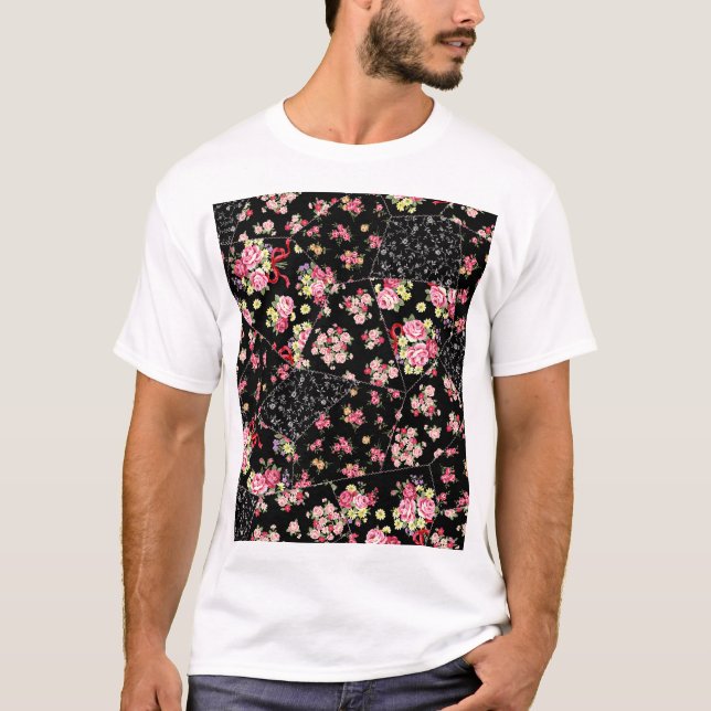 Blommigt Patchwork: Söt Seamless Design. T Shirt (Framsida)
