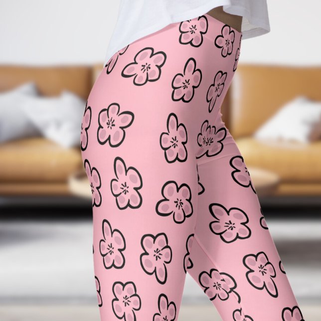 Blommigt Patten för Rosa Blommar Leggings (Modern Mimulus on Cherry Blossom Pink)