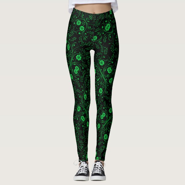 Blommigt pattern.01.FR.Green Black BG Leggings (Framsida)