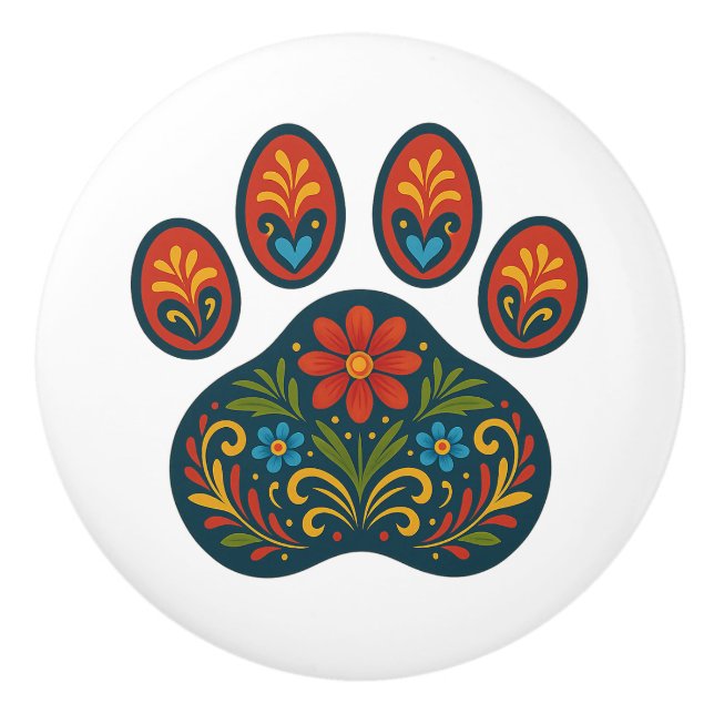 Blommigt Paw Print Folk Art Design Ceramic Knob Knopp (Framsidan)