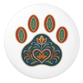 Blommigt Paw Skriv ut Rosemaling Folk Art Ceramic Knopp