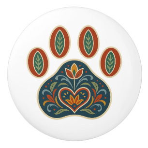 Blommigt Paw Skriv ut Rosemaling Folk Art Ceramic Knopp