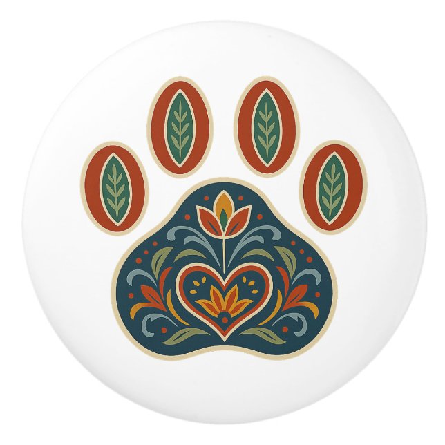 Blommigt Paw Skriv ut Rosemaling Folk Art Ceramic  Knopp (Framsidan)