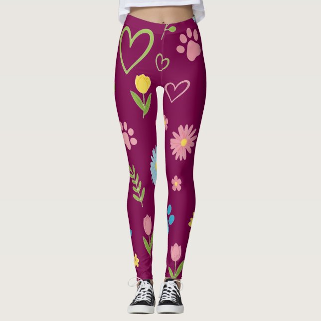 Blommigt Paw-utskriftskopplingar Leggings (Framsida)