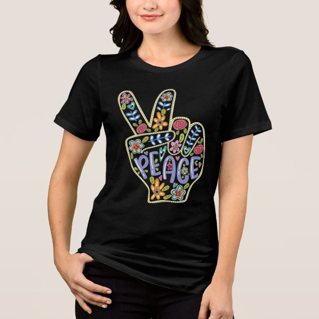 Blommigt Peace Hand Sign T-Shirt - Colorful Hippie (Framsida)