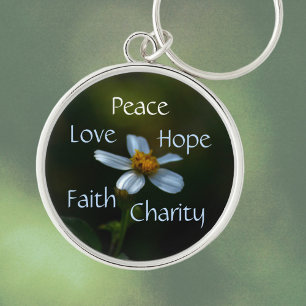 Blommigt Peace Kärlek Hope Faith Charity Daisy Rund Silverfärgad Nyckelring