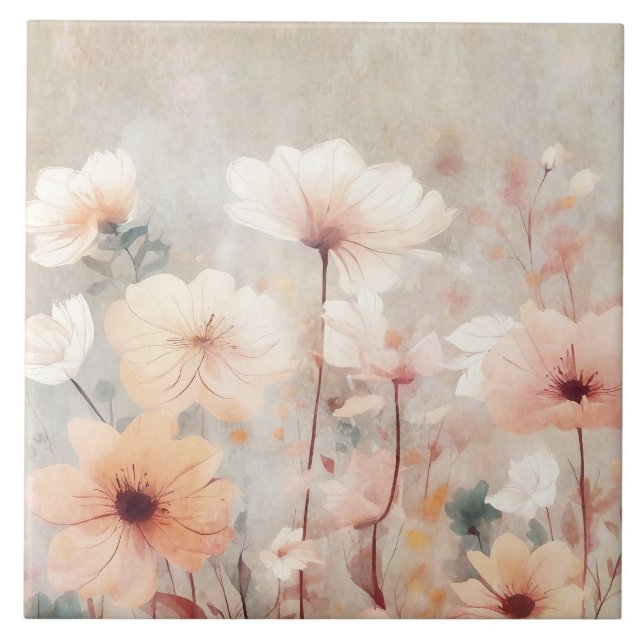 Blommigt Peach Beige Flowers Design 328 Kakelplatta (Framsidan)