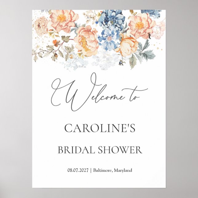 Blommigt Peach  Blue Möhippa-tecken Poster (Framsidan)