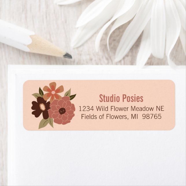 Blommigt Peach Brown Flower Mönster Stationery Returadress Etikett (Insitu)