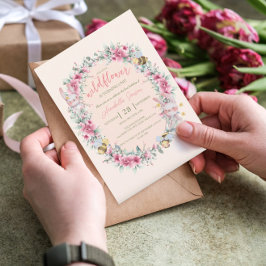 Blommigt Peach Cute Bunny Girl Första Birthday Inbjudningar