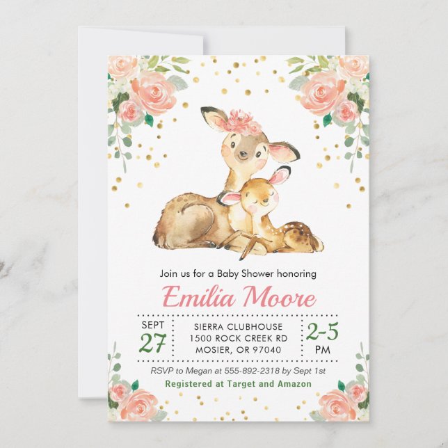 Blommigt Peach för skogshuset i hjort och Baby Inbjudningar (Framsida)
