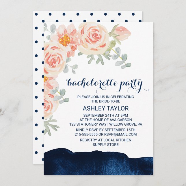 Blommigt Peach & Navy Watercolor Bachelorette Part Inbjudningar (Fram/baksida)