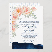Blommigt Peach Rosa & Navy Watercolor Forme Bröllo