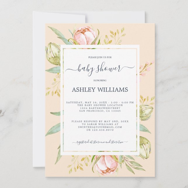 Blommigt Peach Rosa Peony Rustic Boho Baby Shower Inbjudningar (Framsida)