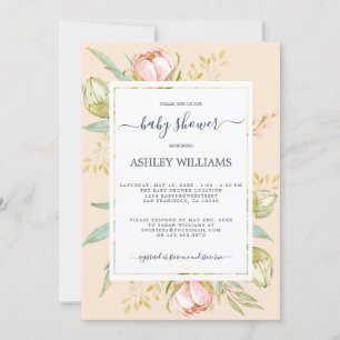 Blommigt Peach Rosa Peony Rustic Boho Baby Shower Inbjudningar
