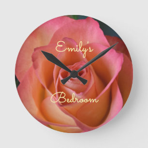 Blommigt Peach Rosa ros Anpassningsbar väggspärr Rund Klocka