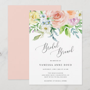 Blommigt Peach Watercolor Flowers Möhippa Brunch Inbjudningar