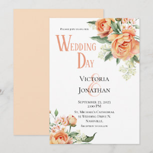 Blommigt Peach Watercolor Modern bröllopsinbjudan Inbjudningar