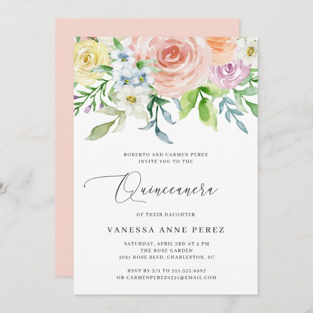 Blommigt Peach Watercolor Quinceañera Inbjudningar (Fram/baksida)