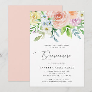 Blommigt Peach Watercolor Quinceañera Inbjudningar