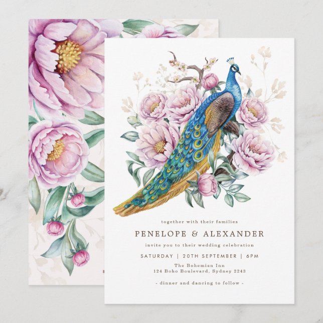  Blommigt Peacock Chinoiserie Bröllop  Inbjudningar (Fram/baksida)