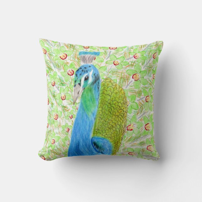 Blommigt Peacock Kudde (Framsida)