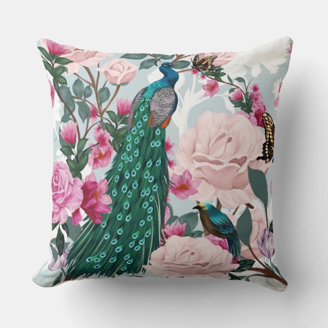 Blommigt Peacock Land Watercolor Pillow Kudde (Framsida)
