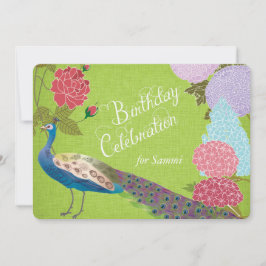Blommigt Peacock på Grönten Linen Birthday Inbjuda Inbjudningar