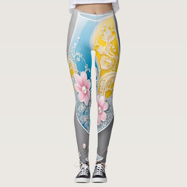Blommigt Pearls O Rosa AI art Leggings (Framsida)
