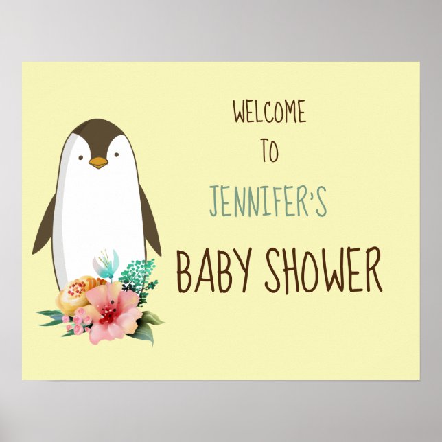 Blommigt Penguin Anpassade Baby Shower-skylt Poster (Framsidan)