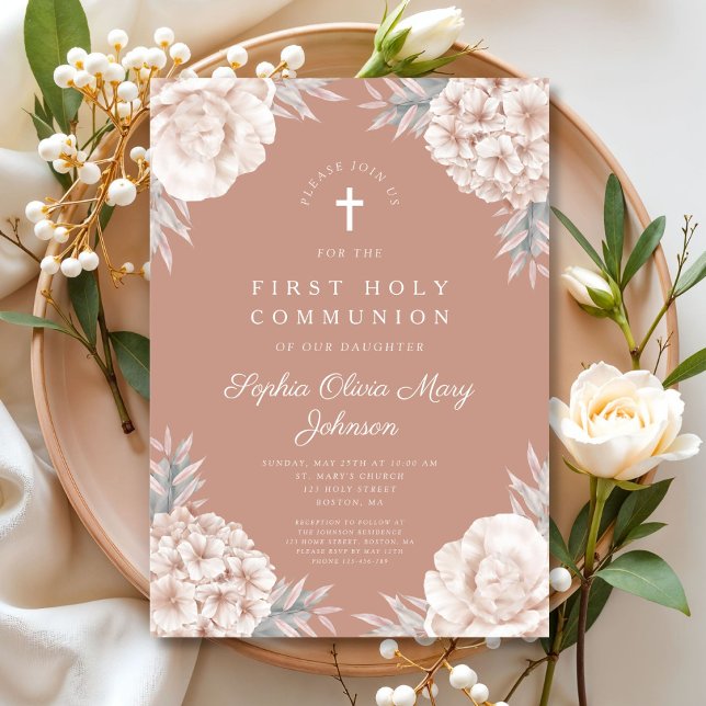 Blommigt Peonies Kor Religiösa Heliga Communion Inbjudningar (Skapare uppladdad)