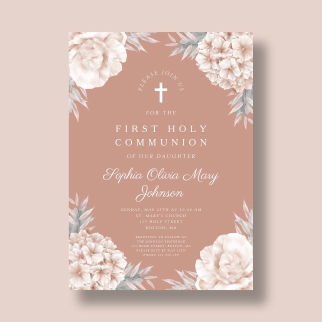 Blommigt Peonies Kor Religiösa Heliga Communion Inbjudningar (Floral Peonies Cross Religious Holy Communion Invitation)